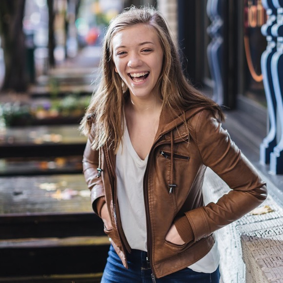 Brown leather jacket with hood - Picture 2 of 3